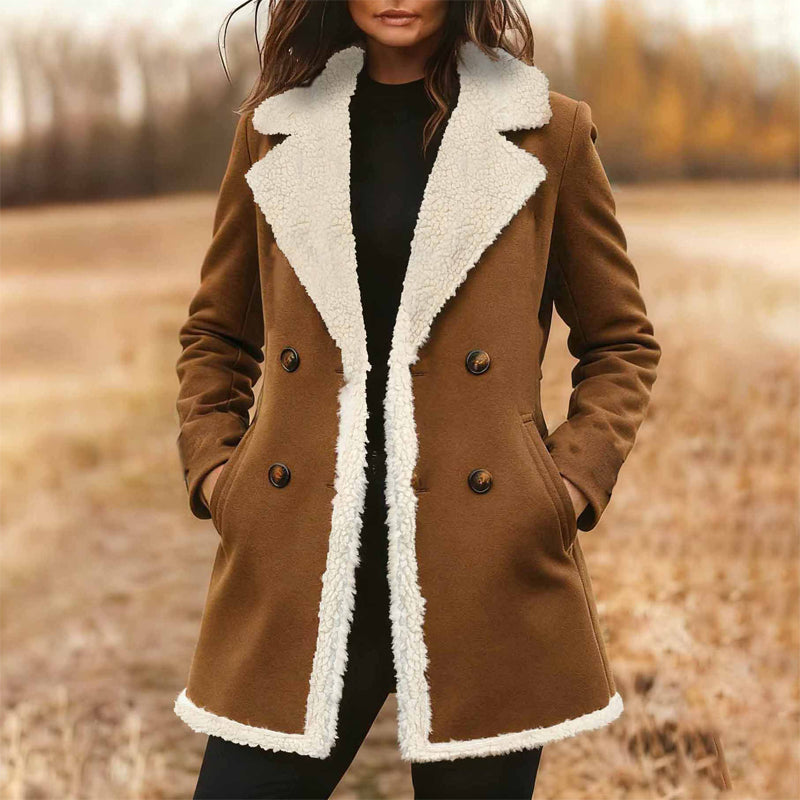 Women's Suede-Look Trench Coat with Fleece Lining and Lapel - Image 2