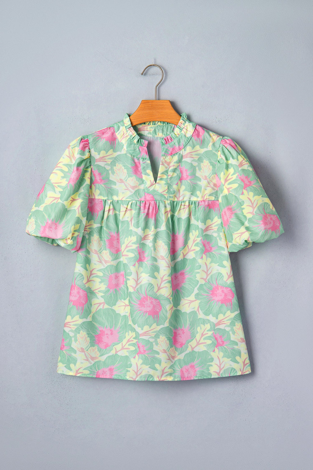 Yellow Floral Short Bubble Sleeve Summer Blouse
