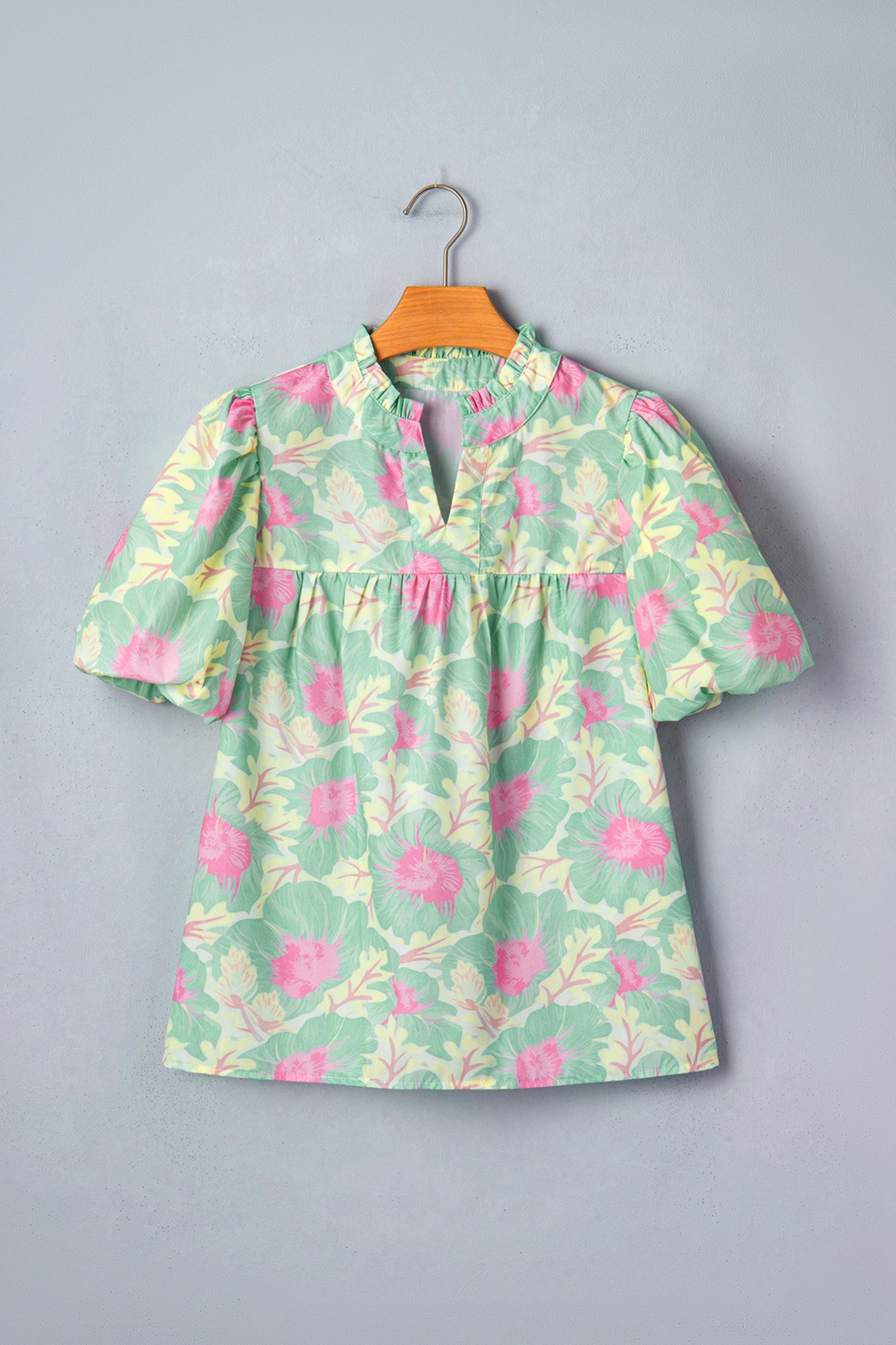 Yellow Floral Short Bubble Sleeve Summer Blouse