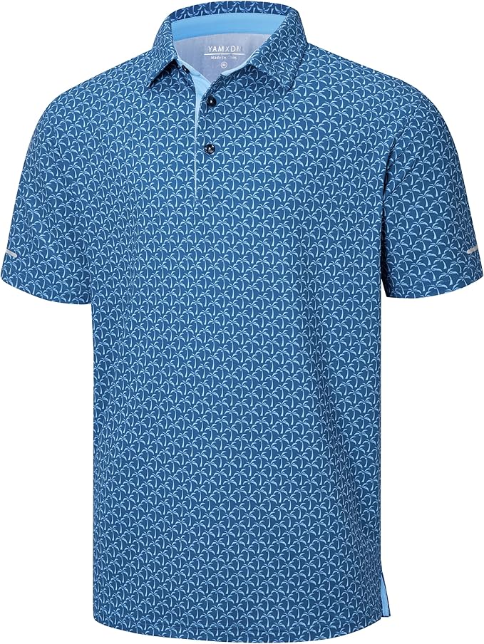 Men's striped performance golf polo with reflective sleeve details in a studio setting.
