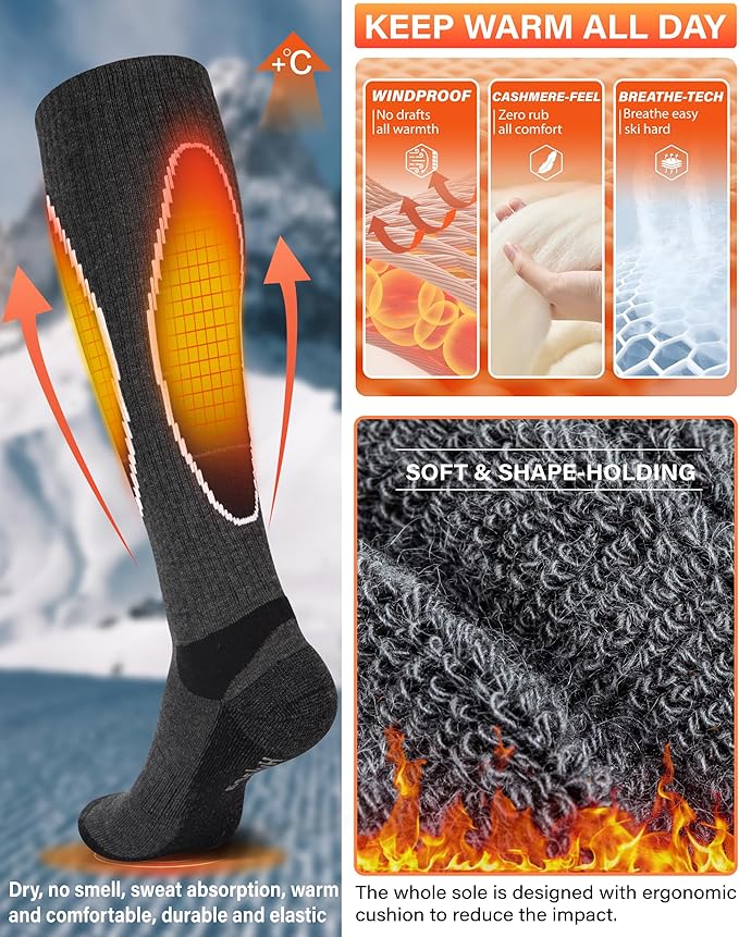 Hylaea Merino Wool Ski Socks, Cold Weather Socks for Snowboarding, Snow, Winter, Thermal Knee-high Warm Socks, Hunting