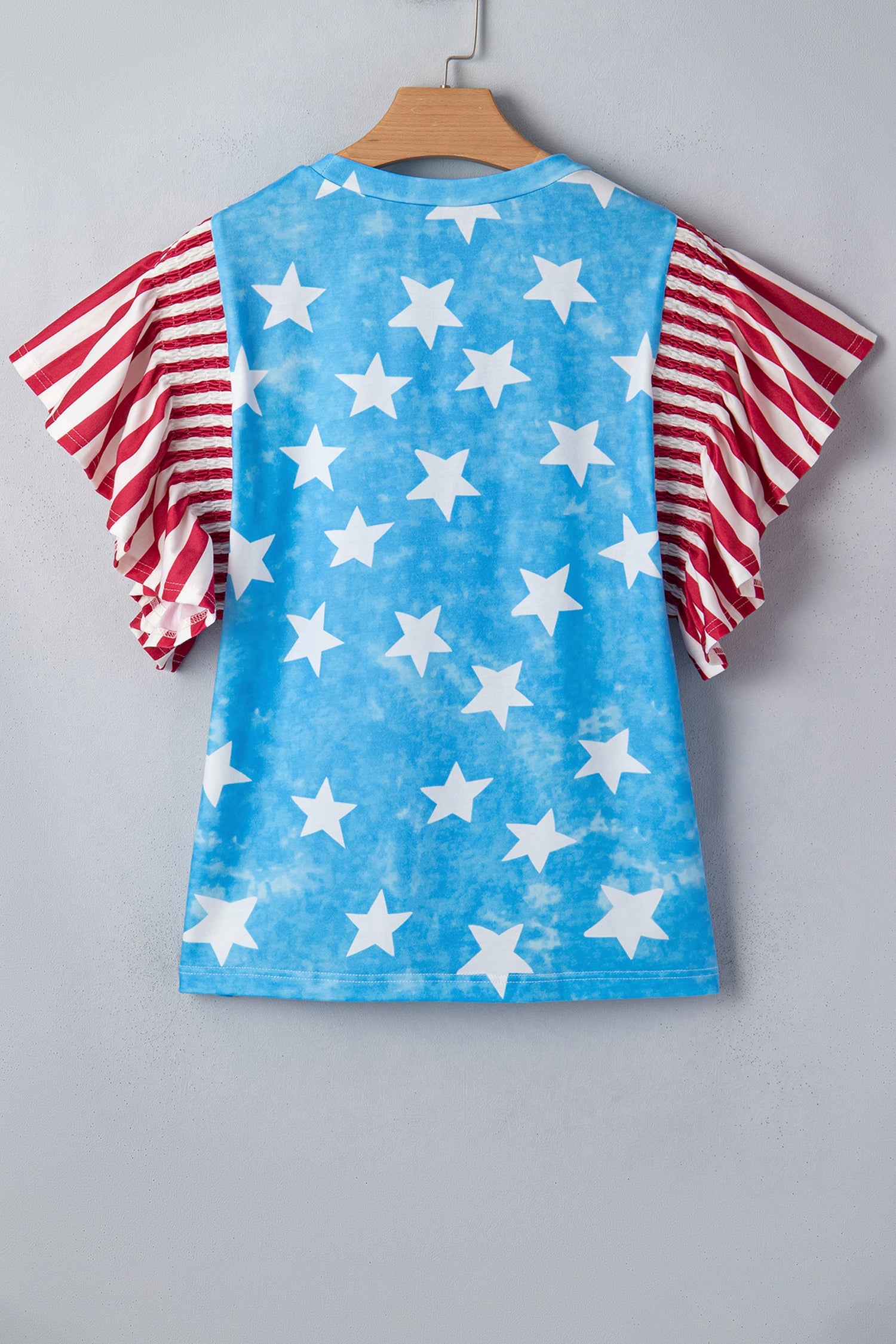 Sky Blue Star Print Striped Ruffle Sleeve Independence Day Top