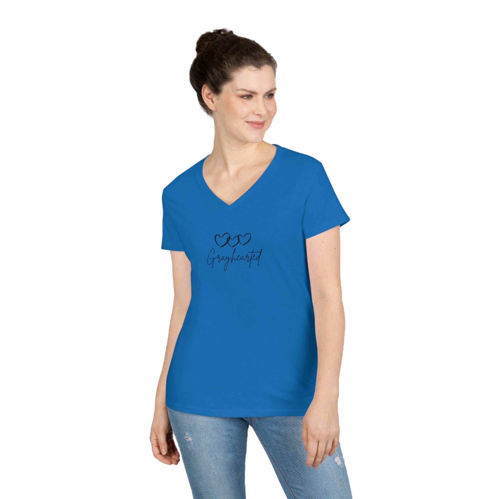 Women's V-Neck Cotton T-Shirt with 3 Hearts Print