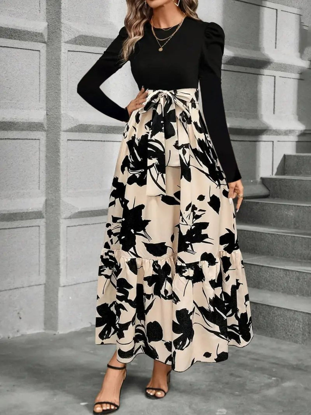 Elegant long sleeve midi dress with a unique print and waist-tie detail