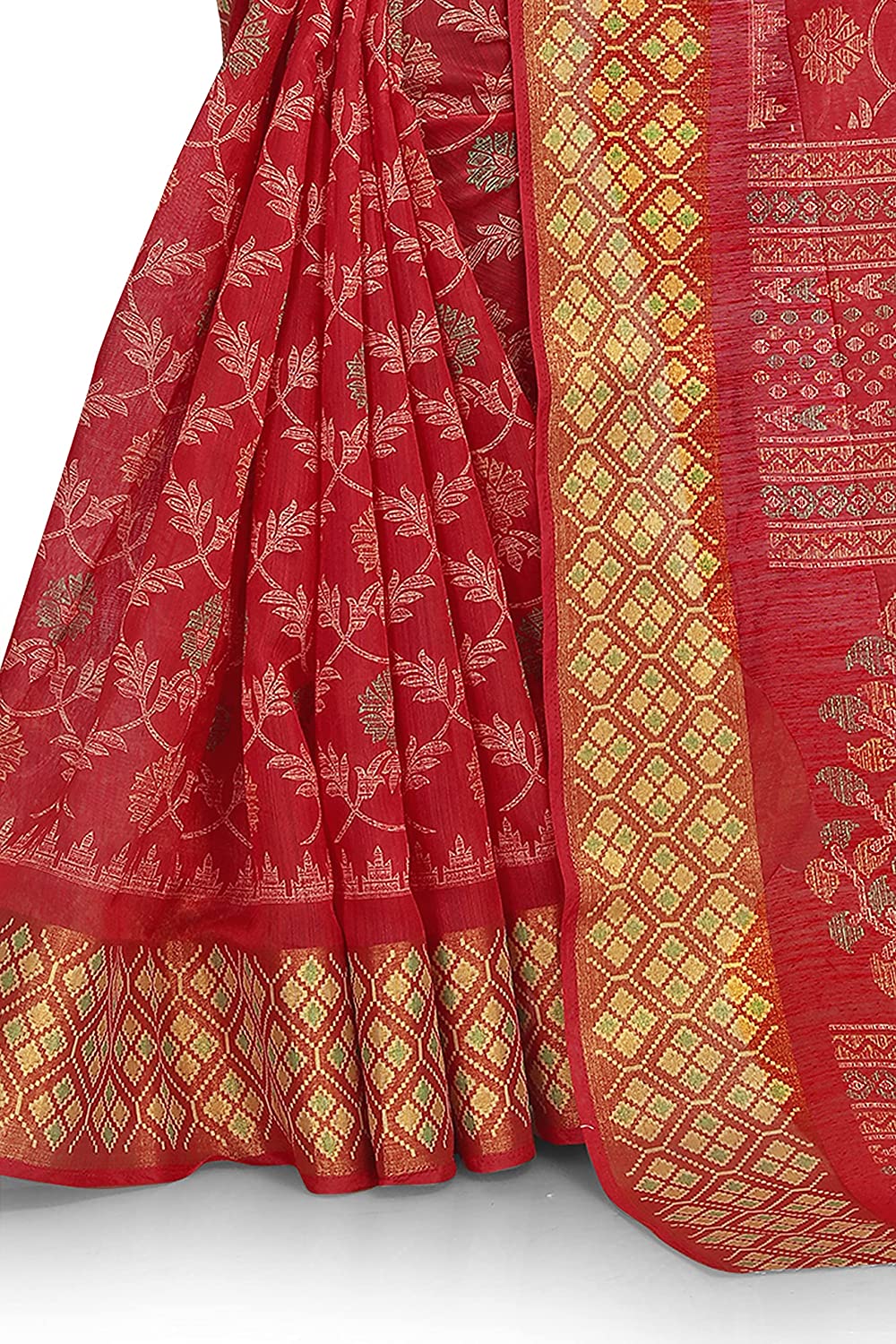 Women's Red and Yellow Kalamkari Printed Cotton Blend Saree