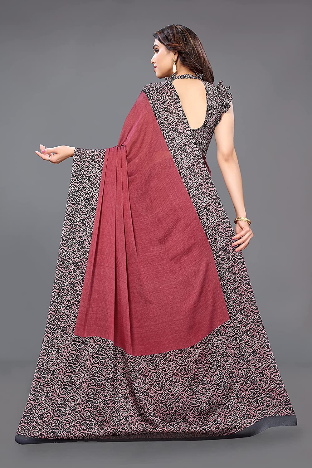 Pink & Black Printed Chiffon Saree with Kalamkari Design