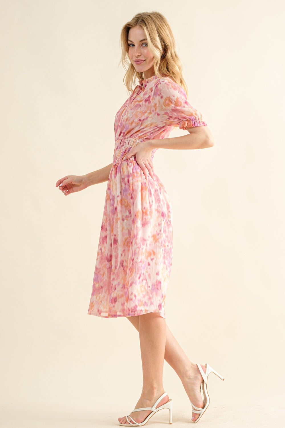 Smocked Waist Printed Midi Dress: Elegant Floral Flutter Sleeve