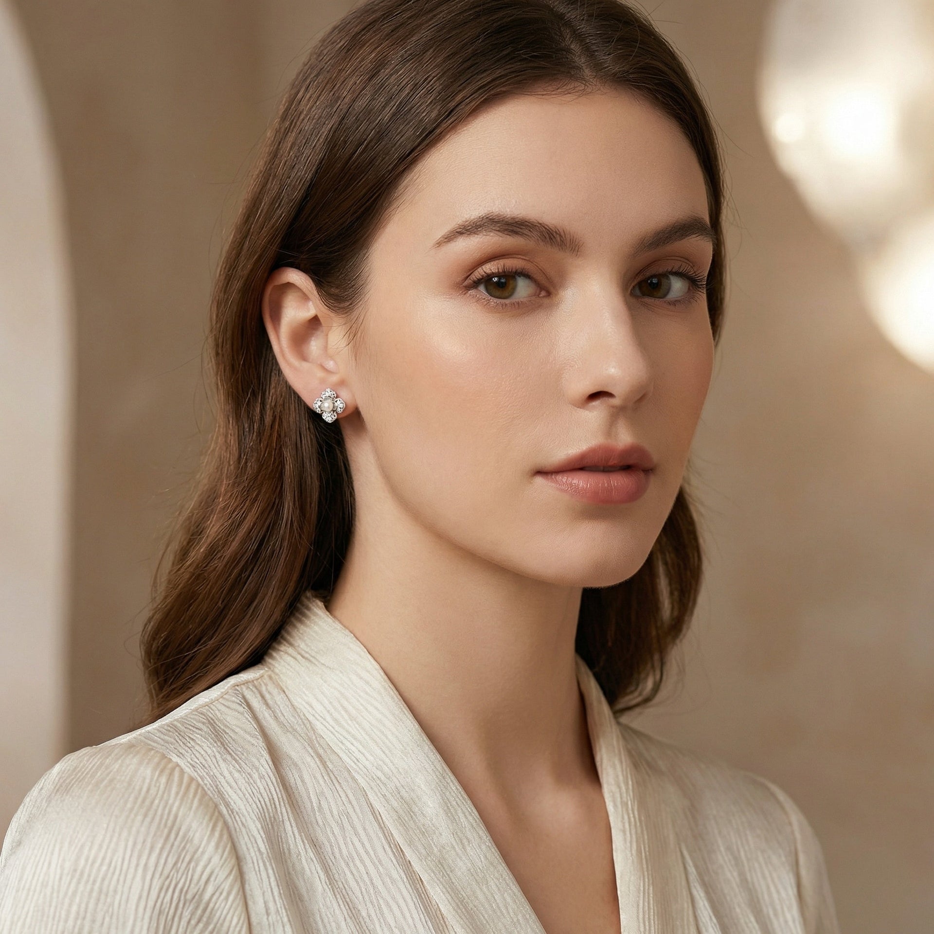 925 Sterling Silver Elegant Floral Pearl and Sparkling Accent Stud Earrings in White Metal