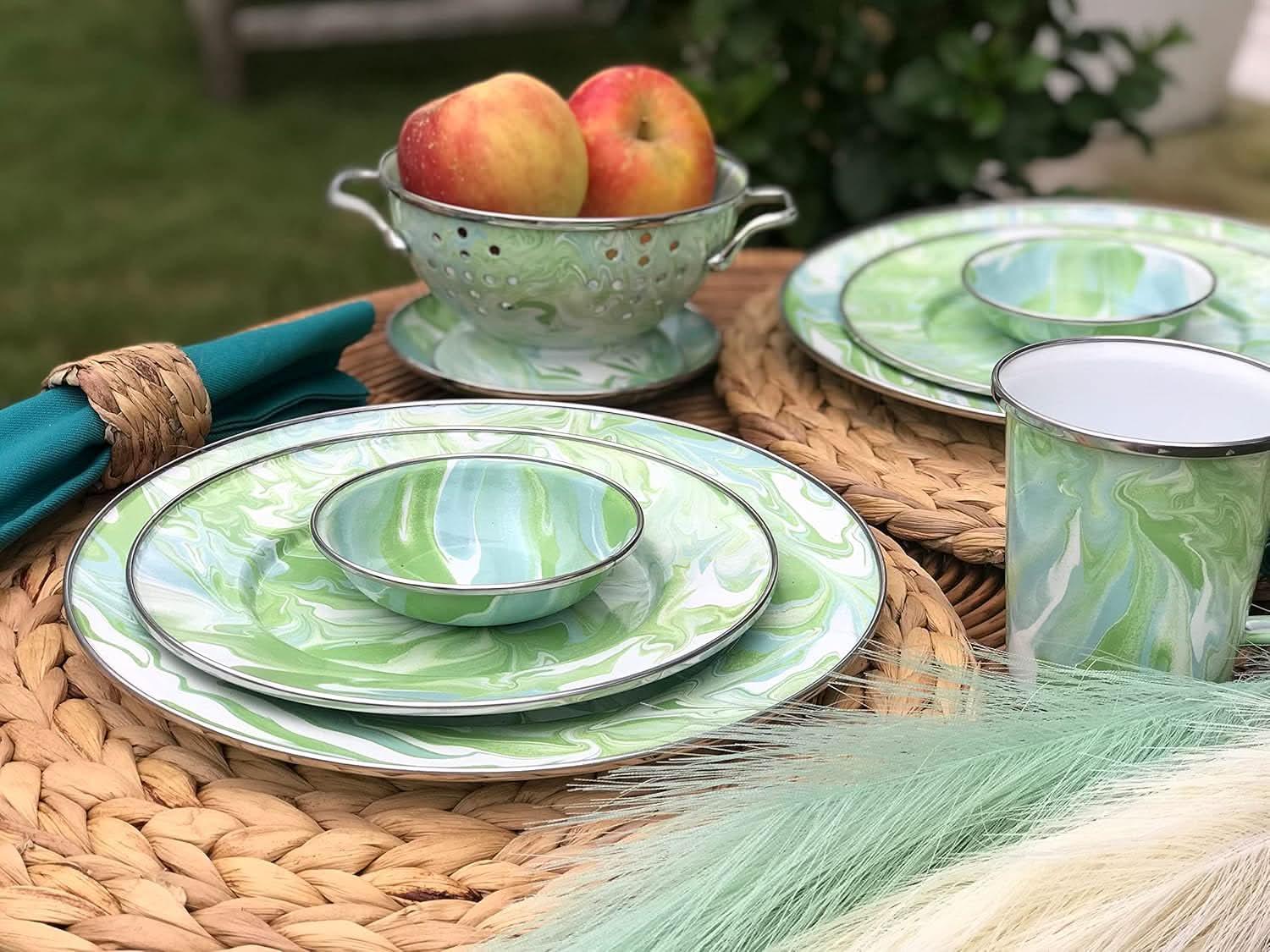 Modern Monet Enamelware Nesting Bowls Set in Green Blue White