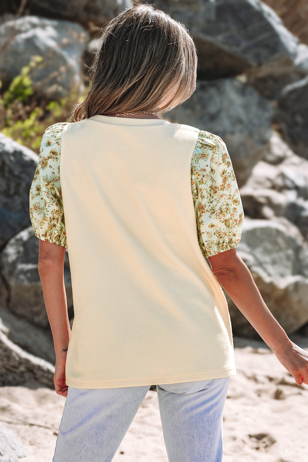 Rayne Floral Bubble Sleeve Patchwork Ribbed Top