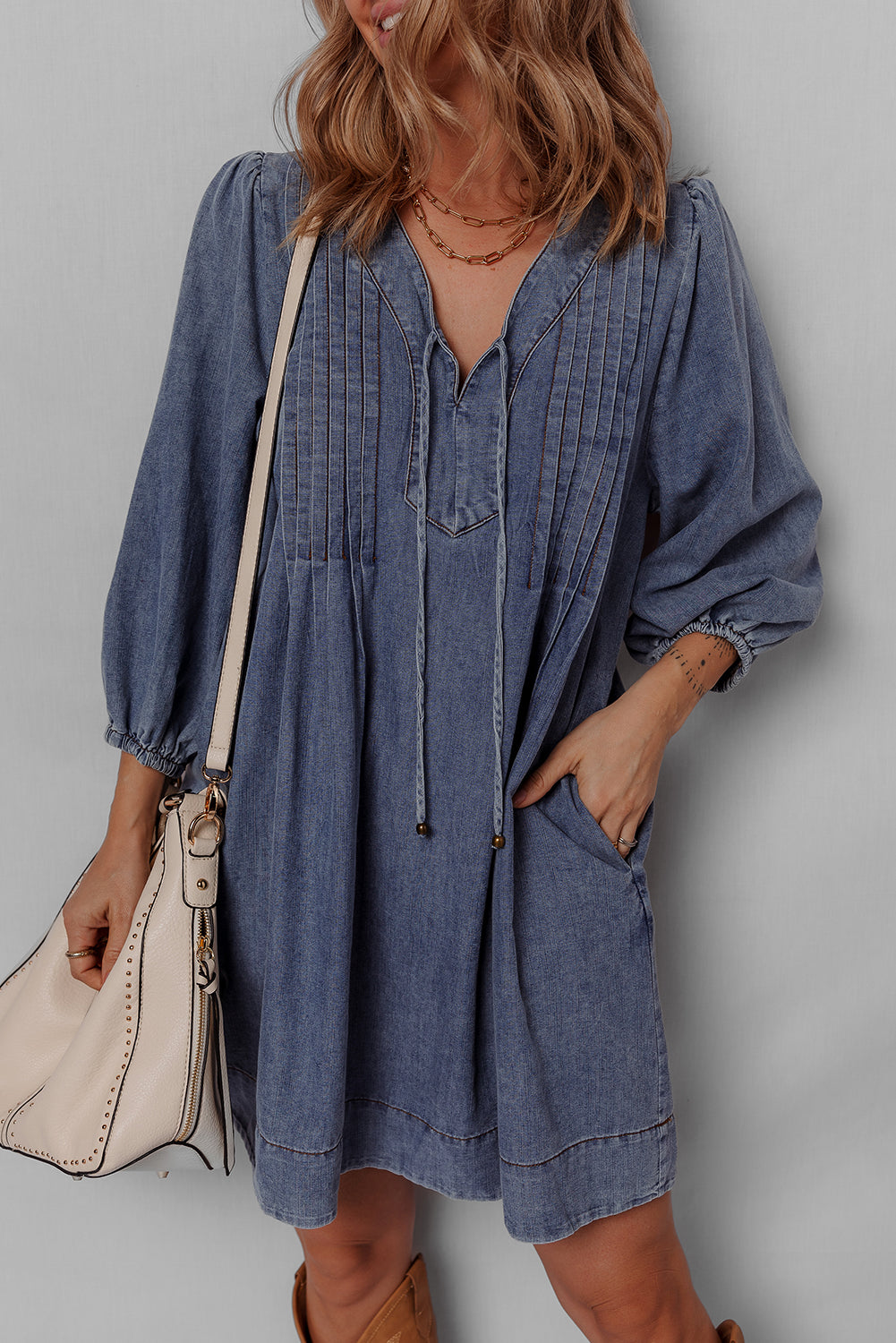 Denim 3/4 Sleeve Tied V-Neck Pleated Mini Dress