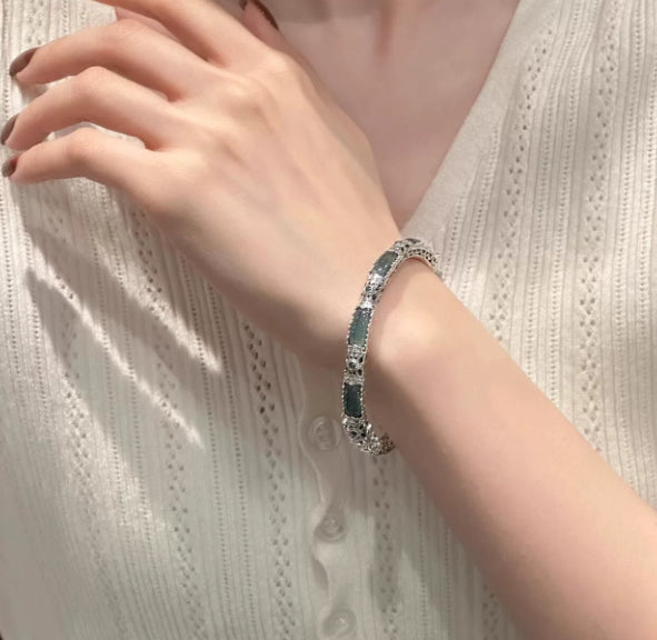 Plain-face Bracelet With An Open Design Featuring Blue-water Jade In A Traditional Ethnic Style