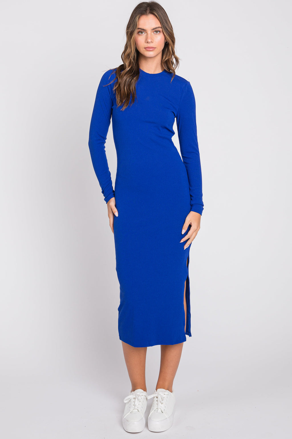 Royal Blue Ribbed Mock Neck Long Sleeve Maternity Midi Dress