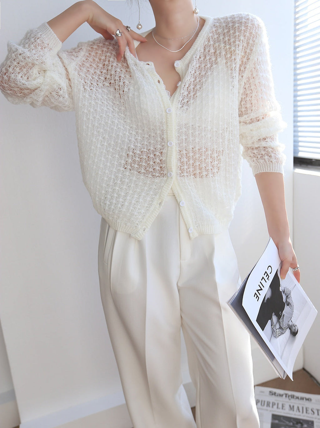 Women's White Mohair Crochet Cardigan