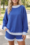 Dark Blue Polka Dot Trim Baggy Pullover 2pcs Short Set