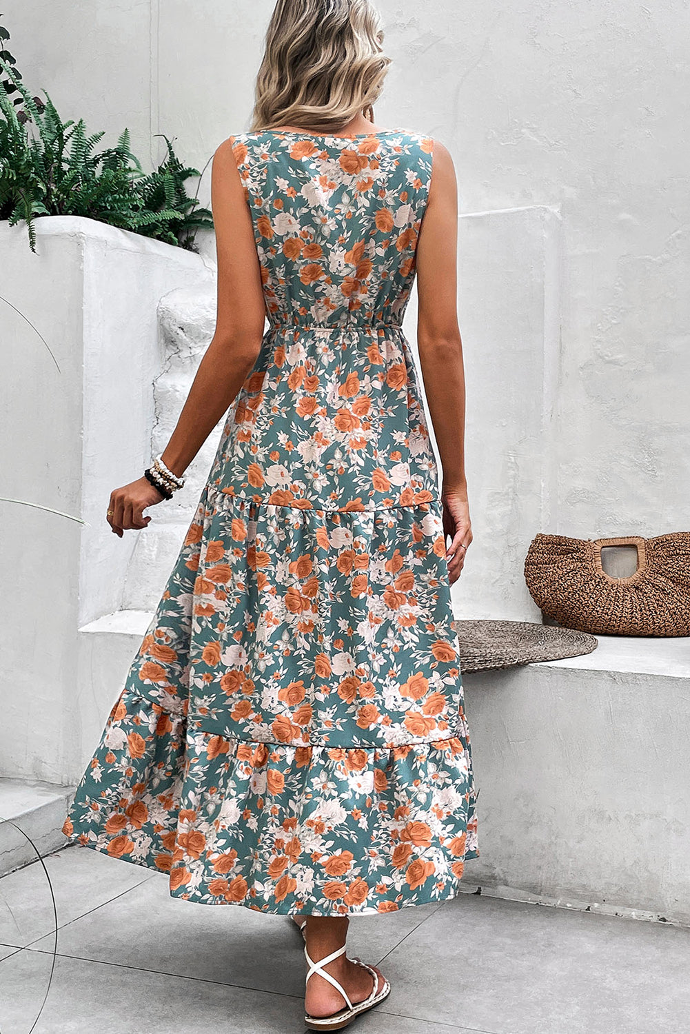 Green Floral V-Neck Tie Waist Maxi Dress | Sleeveless A-Line