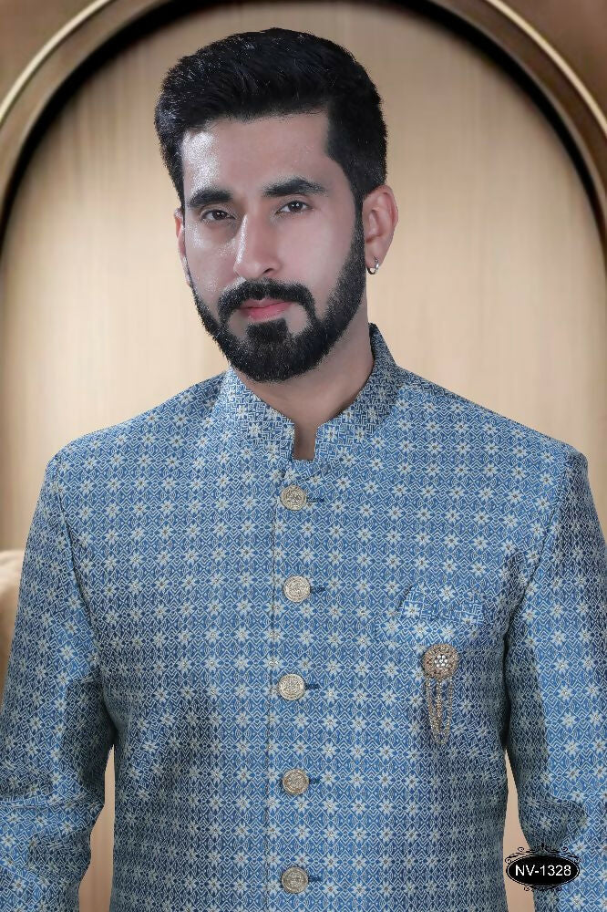 Boys Blue Brocade Kurta with White Polo Pyjamas Festive Set