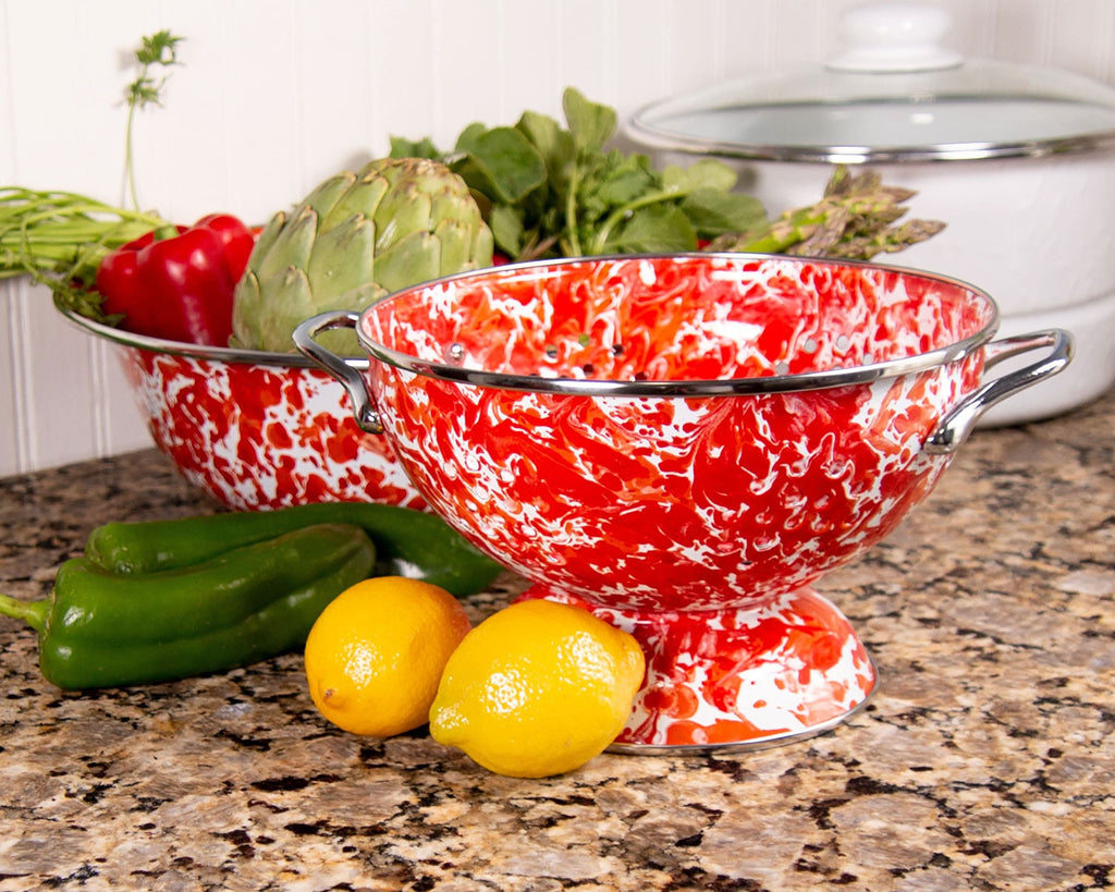 3 Quart Enamelware Colander in Blue and White Splatter Pattern