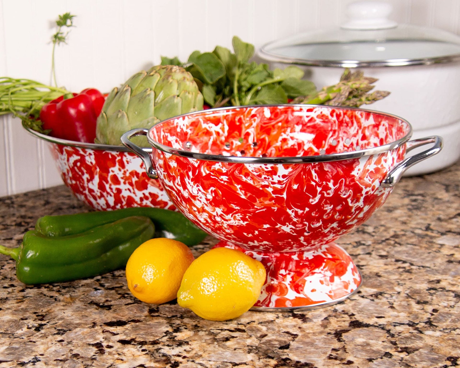 3 Quart Enamelware Colander in Blue and White Splatter Pattern