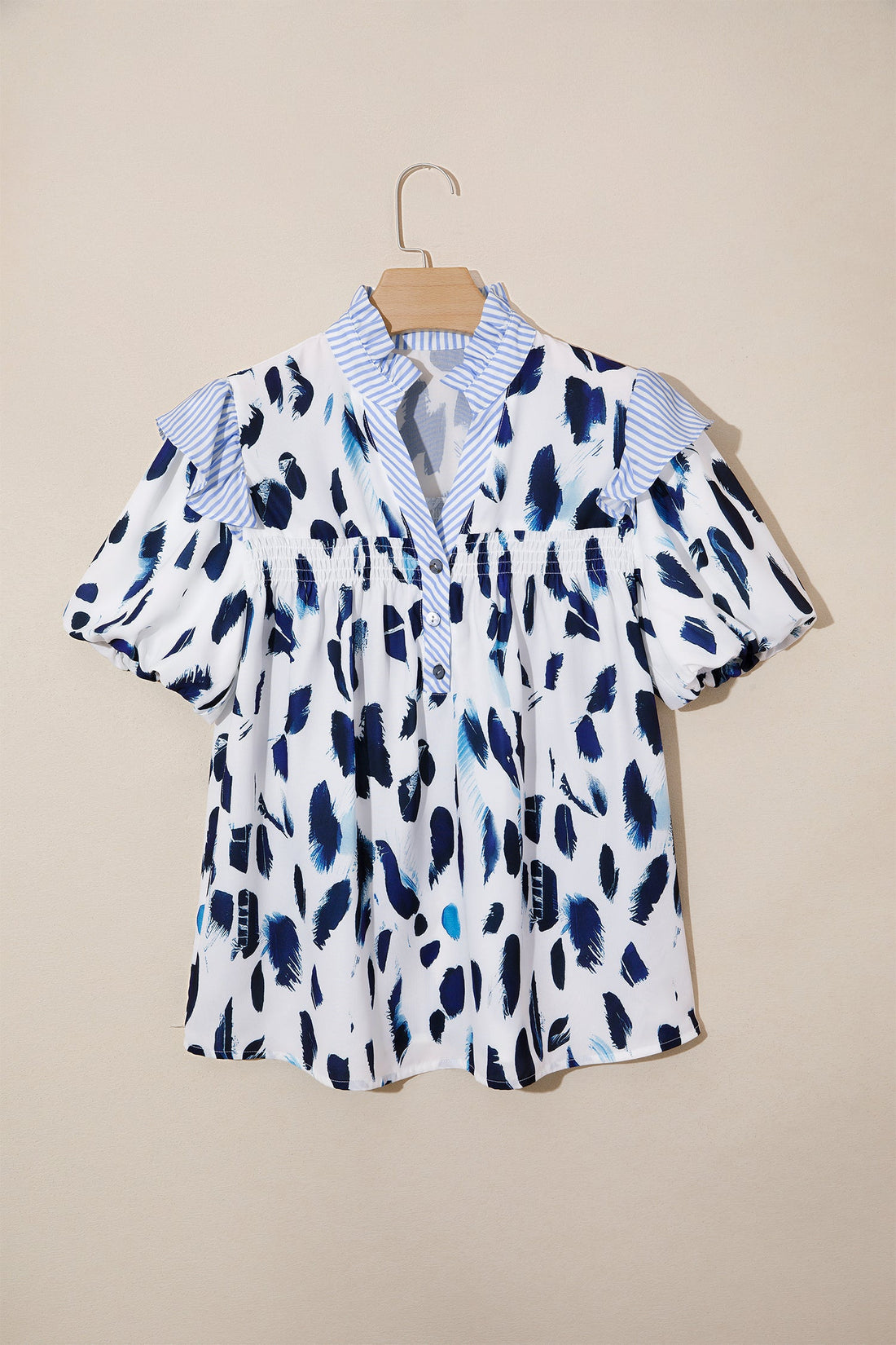 Abstract Leopard Stripe V-Neck Blouse with Ruffle Trim