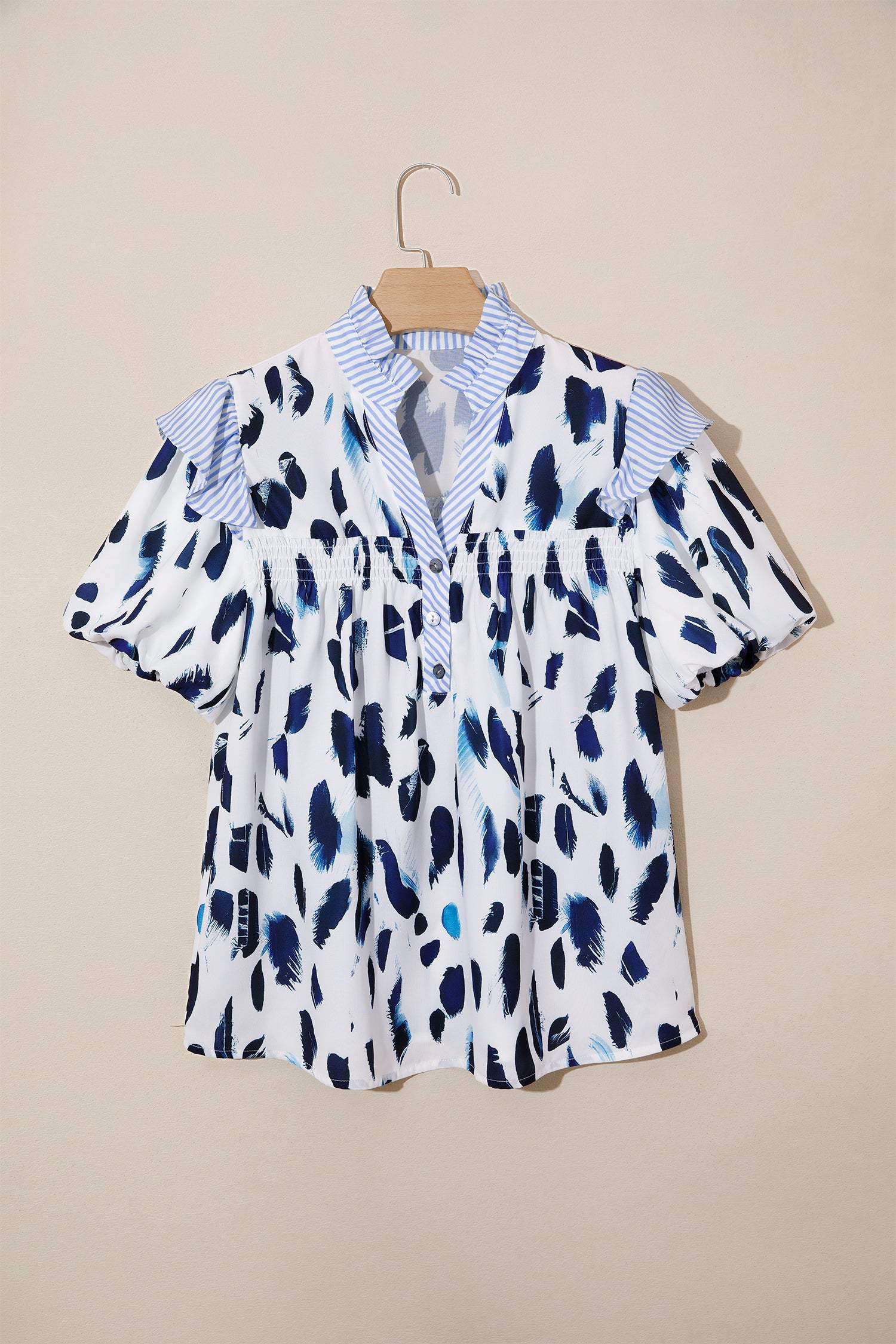 Abstract Leopard Stripe V-Neck Blouse with Ruffle Trim