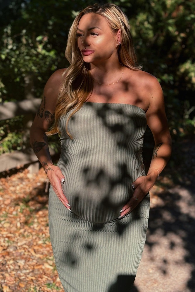 Olive Ribbed Sleeveless Dress & Cardigan Maternity Set