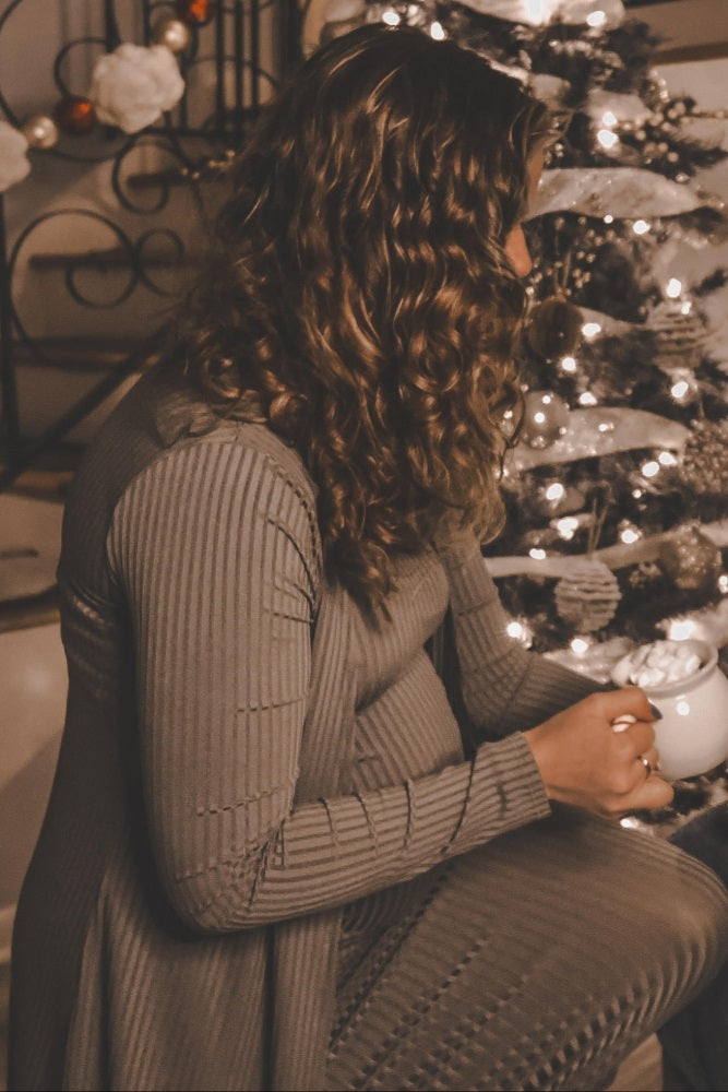 Olive Ribbed Sleeveless Dress & Cardigan Maternity Set