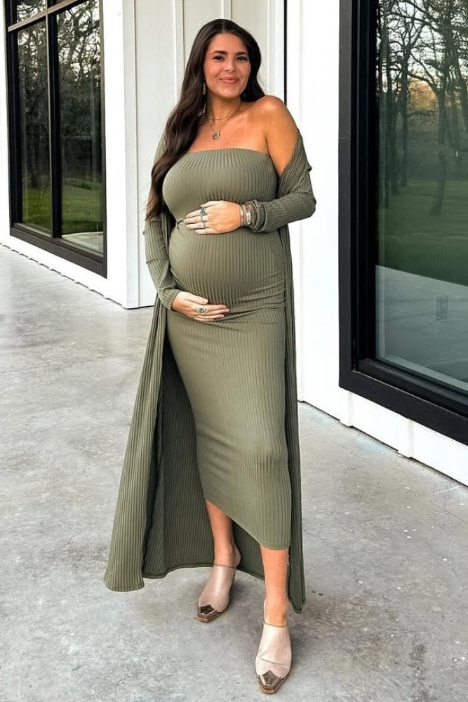 Olive Ribbed Sleeveless Dress & Cardigan Maternity Set