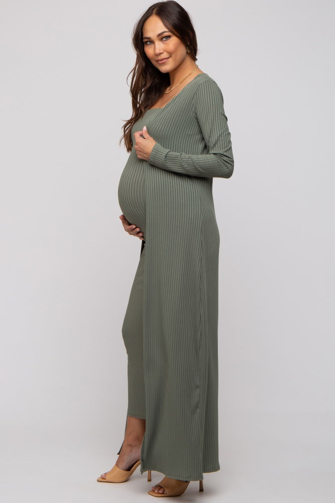 Olive Ribbed Sleeveless Dress & Cardigan Maternity Set