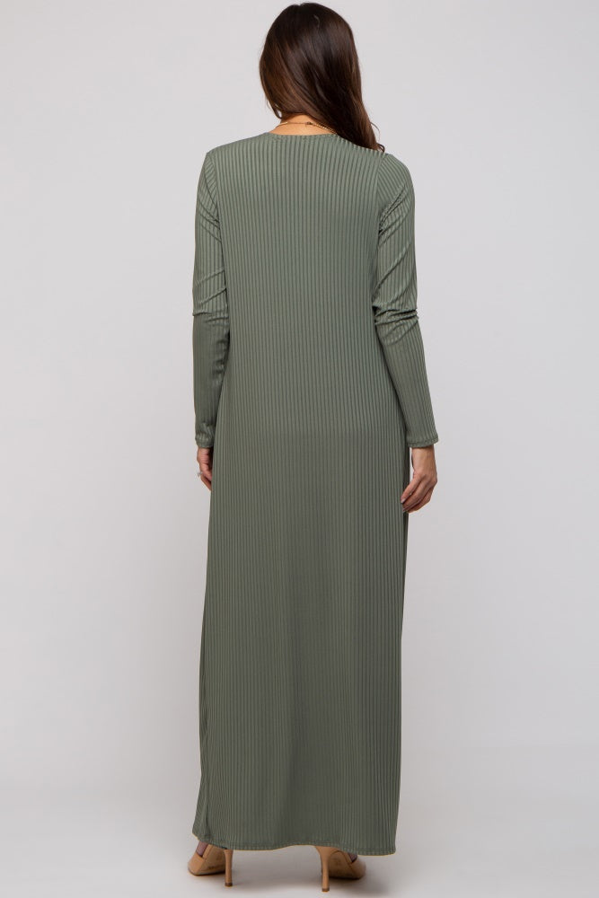 Olive Ribbed Sleeveless Dress & Cardigan Maternity Set