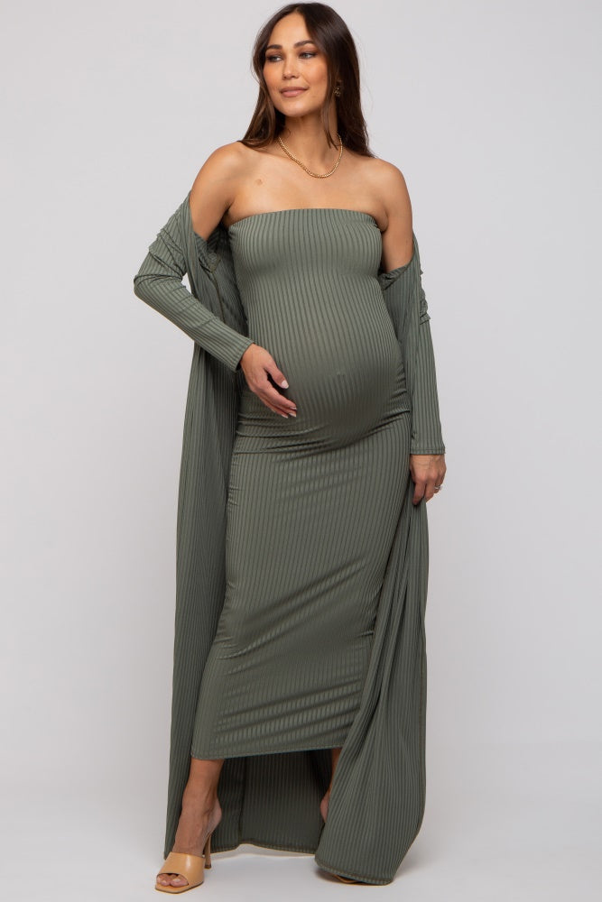 Olive Ribbed Sleeveless Dress & Cardigan Maternity Set