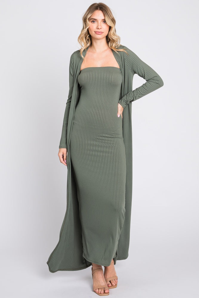Olive Ribbed Sleeveless Dress & Cardigan Maternity Set