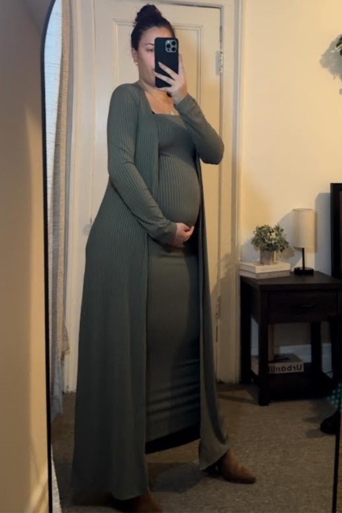 Olive Ribbed Sleeveless Dress & Cardigan Maternity Set