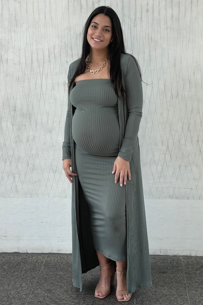 Olive Ribbed Sleeveless Dress & Cardigan Maternity Set