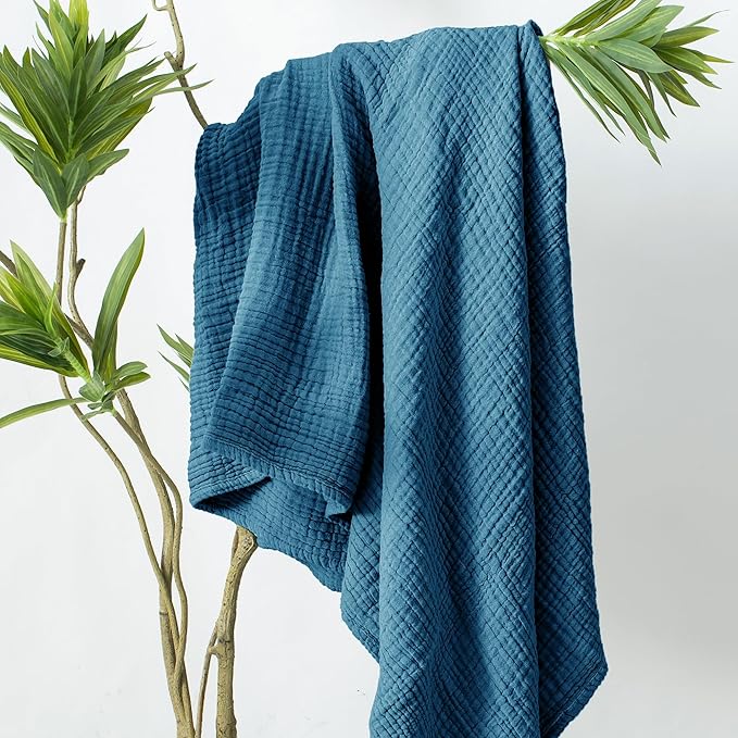 Carriediosa 100% Cotton Muslin Throw Blanket 108" X 90" King Size，4-Layers Summer Gauze Throws for Bed Couch，Soft Lightweight Breathable Linen Blankets Bedspread for Adults All Season，Dusty Blue