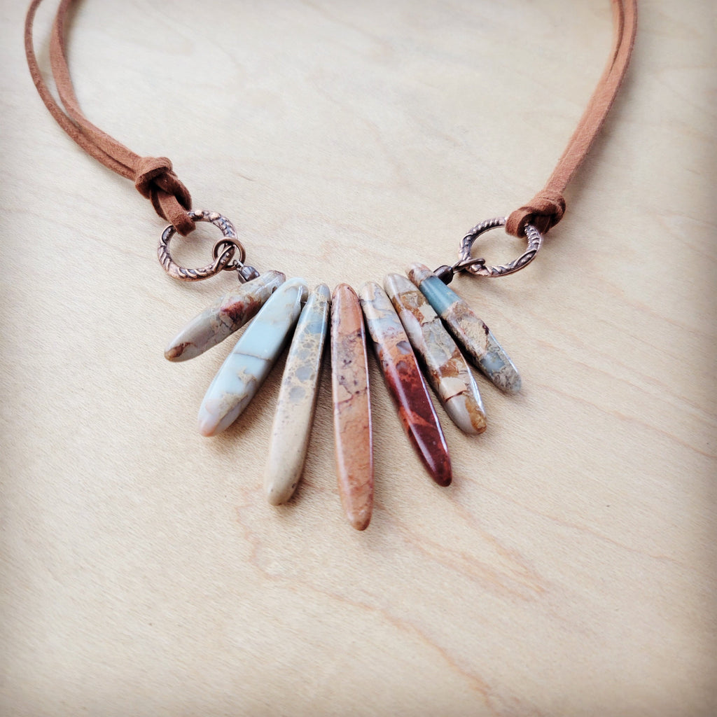 Aqua Terra Jasper Stone Slab Necklace on Brown Vegan Leather Cord - Image 3