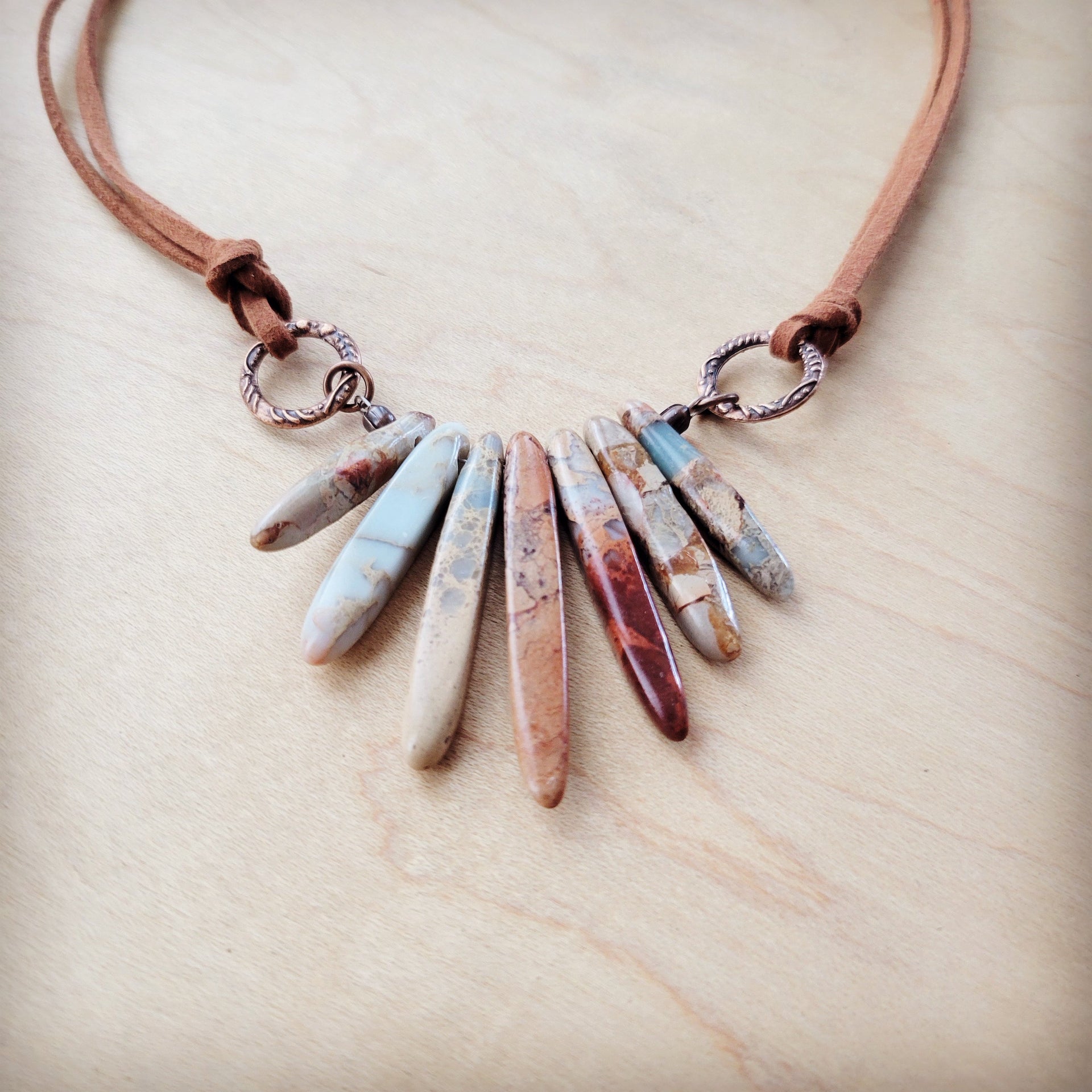 Aqua Terra Jasper Stone Slab Necklace on Brown Vegan Leather Cord - Image 3