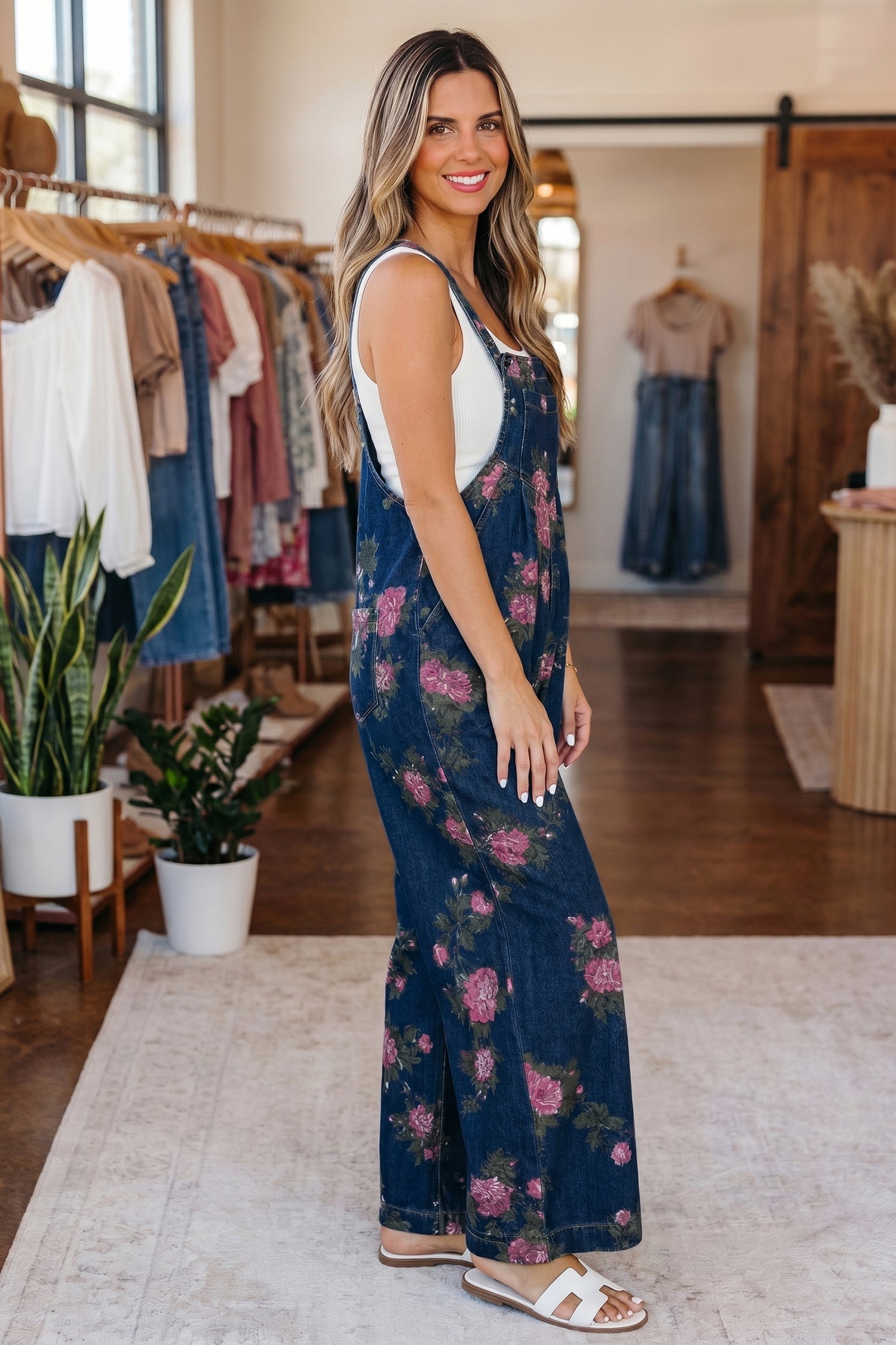 Akira Floral Print Wide Leg Denim Jumpsuit with Pleated Details