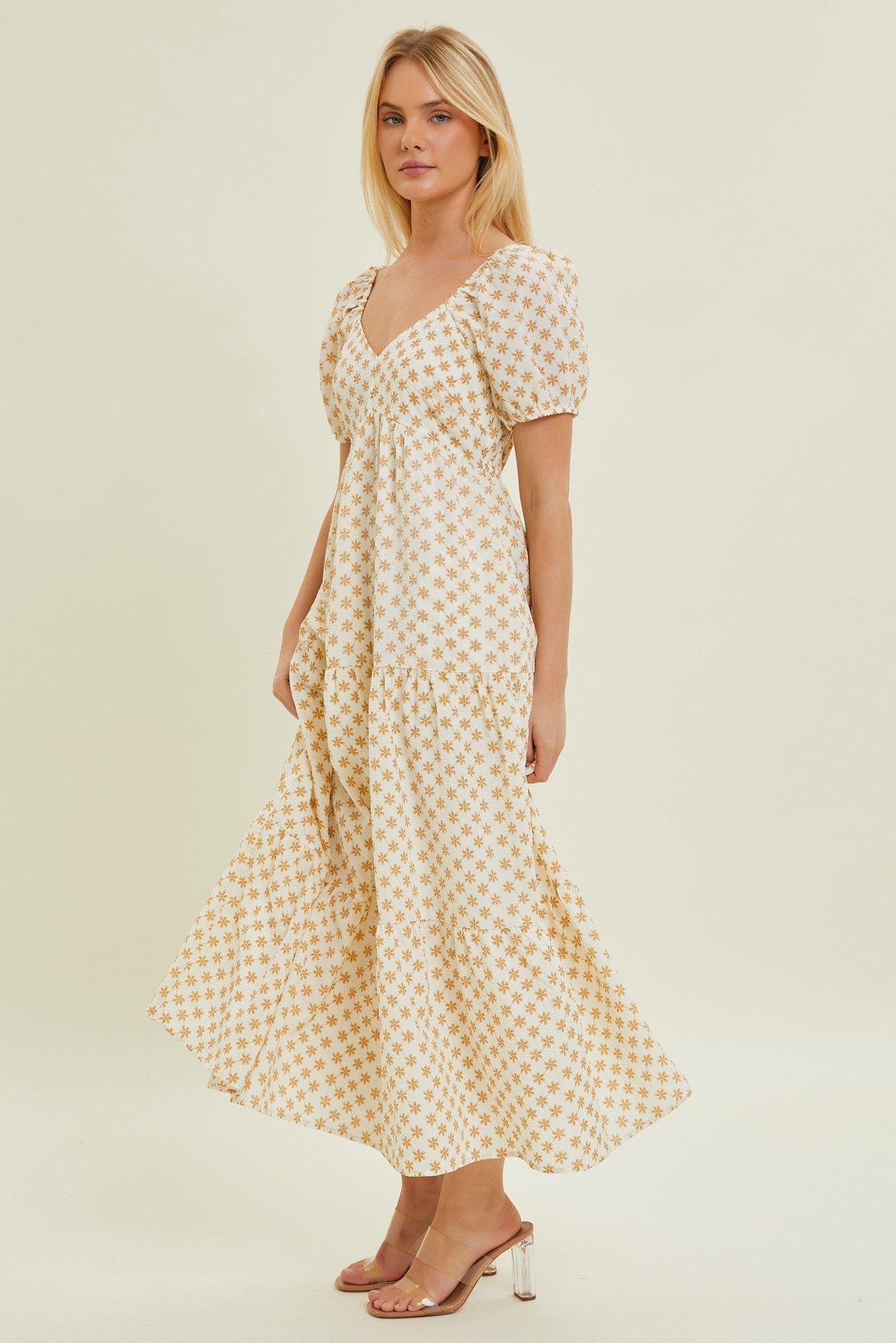 Yellow Floral Tiered Maxi Dress with Sweetheart Neckline