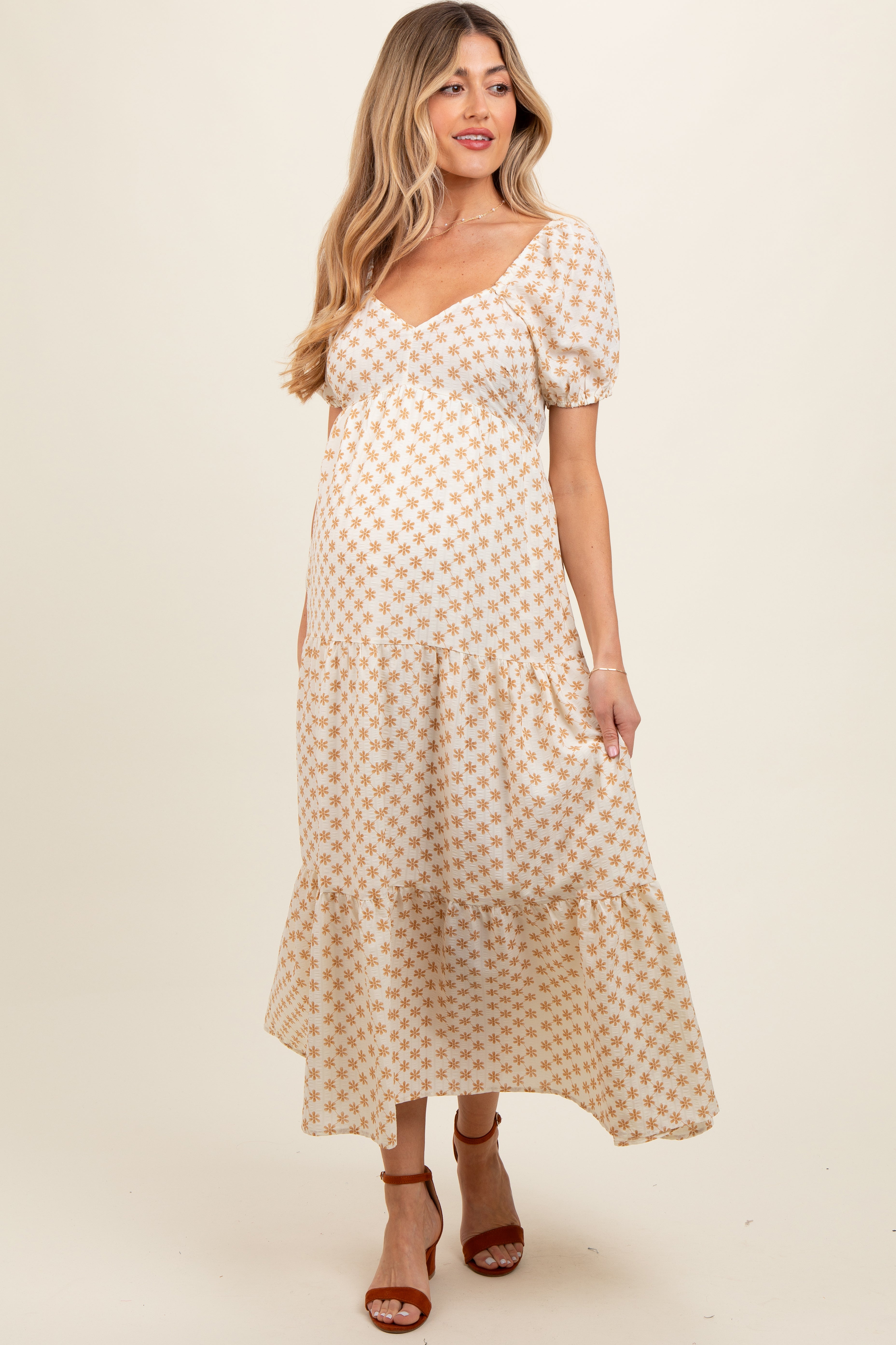 Yellow Floral Tiered Maternity Maxi Dress