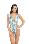 Pineapple print one-piece swimsuit with V-neckline and lace-tie back detail.