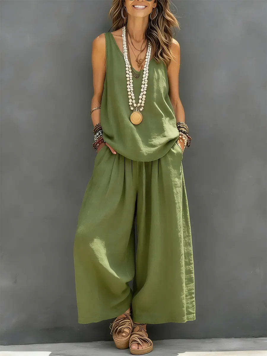 Women's Cotton Linen Sleeveless Tank Top and Wide-Leg Pants Set - Image 8