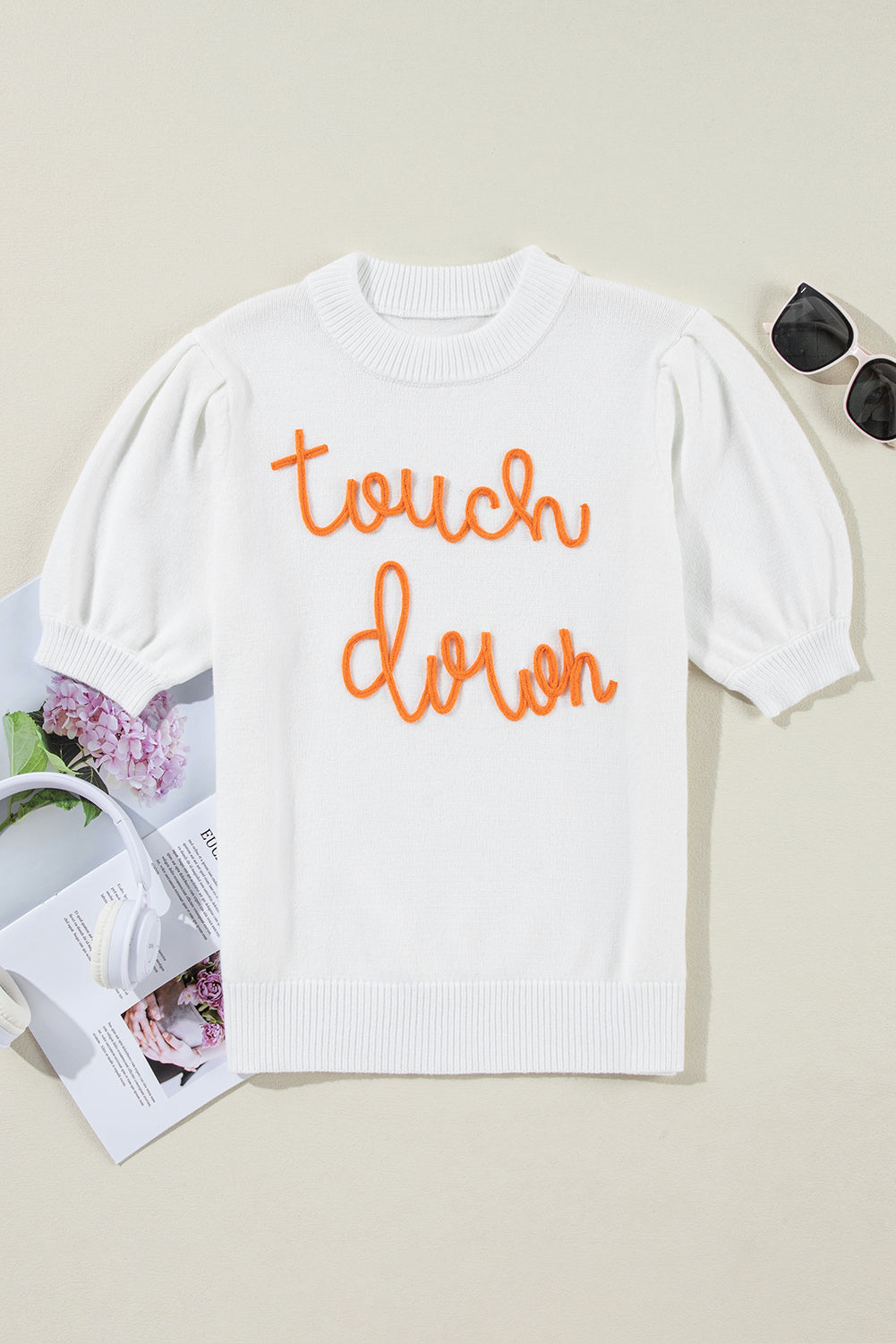 White Touchdown Tinsel Puff Sleeve Crewneck Sweater Football