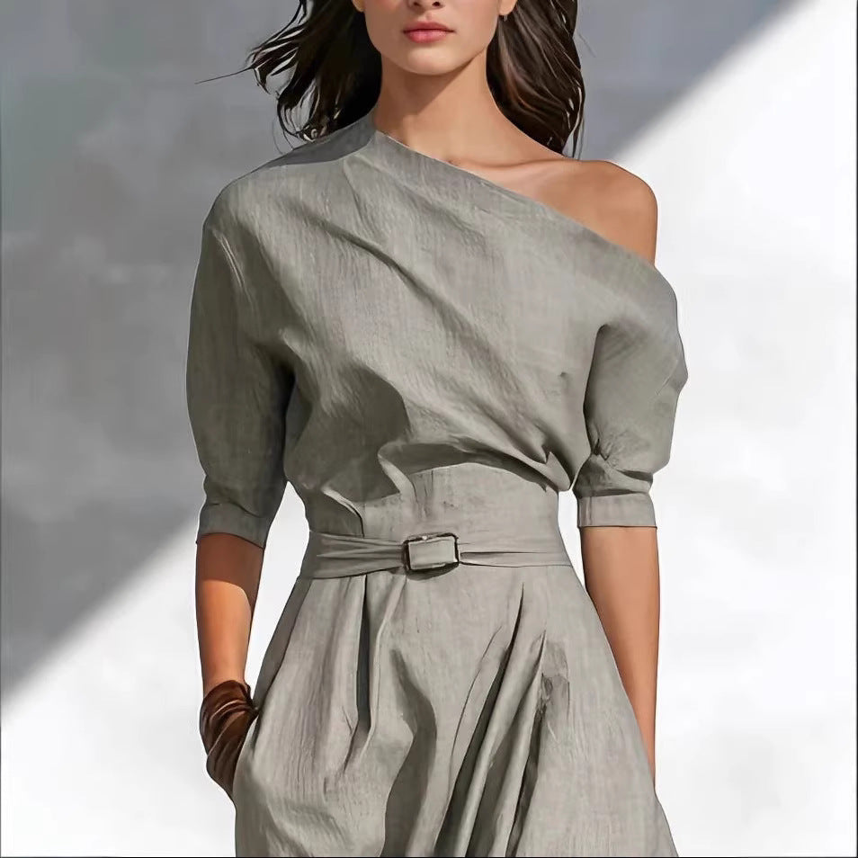 Women One-Shoulder Maxi Dress with Belted Waist and Elbow Sleeves - Image 4