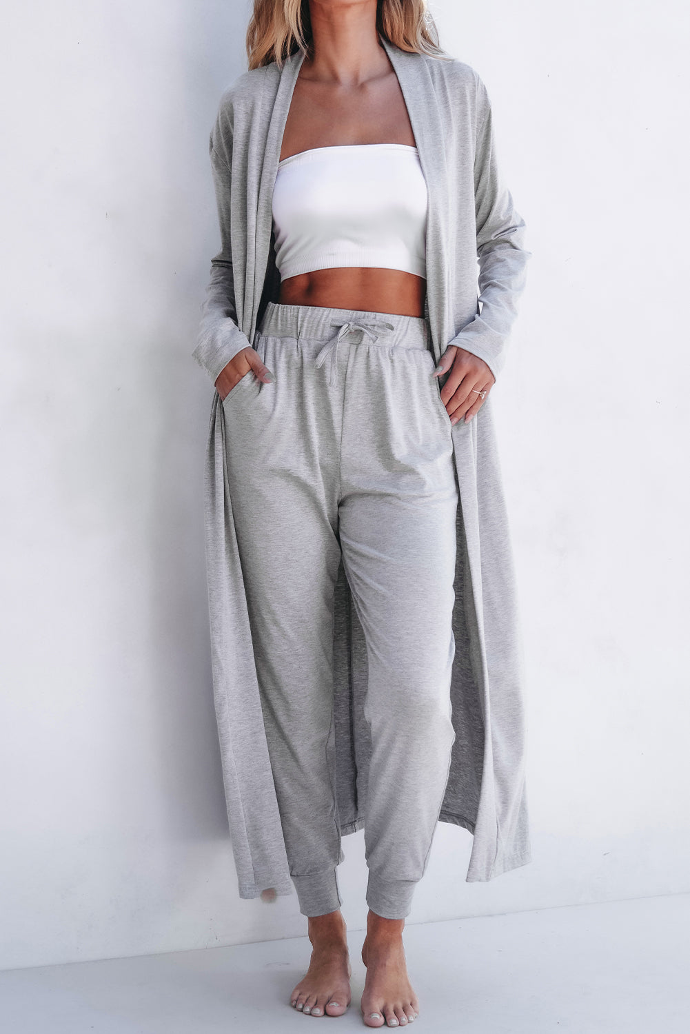 Light Grey Split Long Cardigan & Skinny Pants Lounge Set