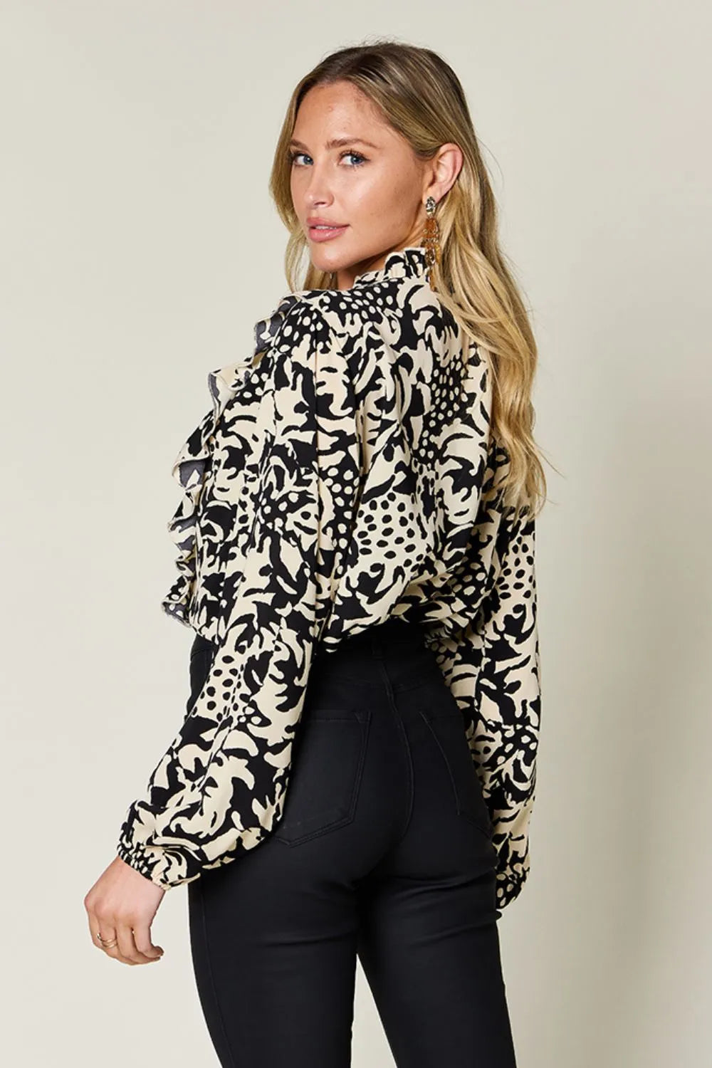 Printed Ruffle Trim Balloon Sleeve Shirt | Buttoned Blouse