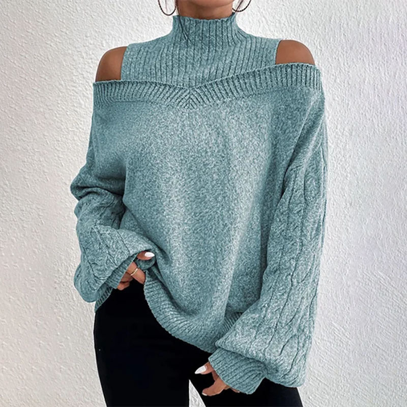 Women's Off-Shoulder Turtleneck Long Sleeve Knit Sweater