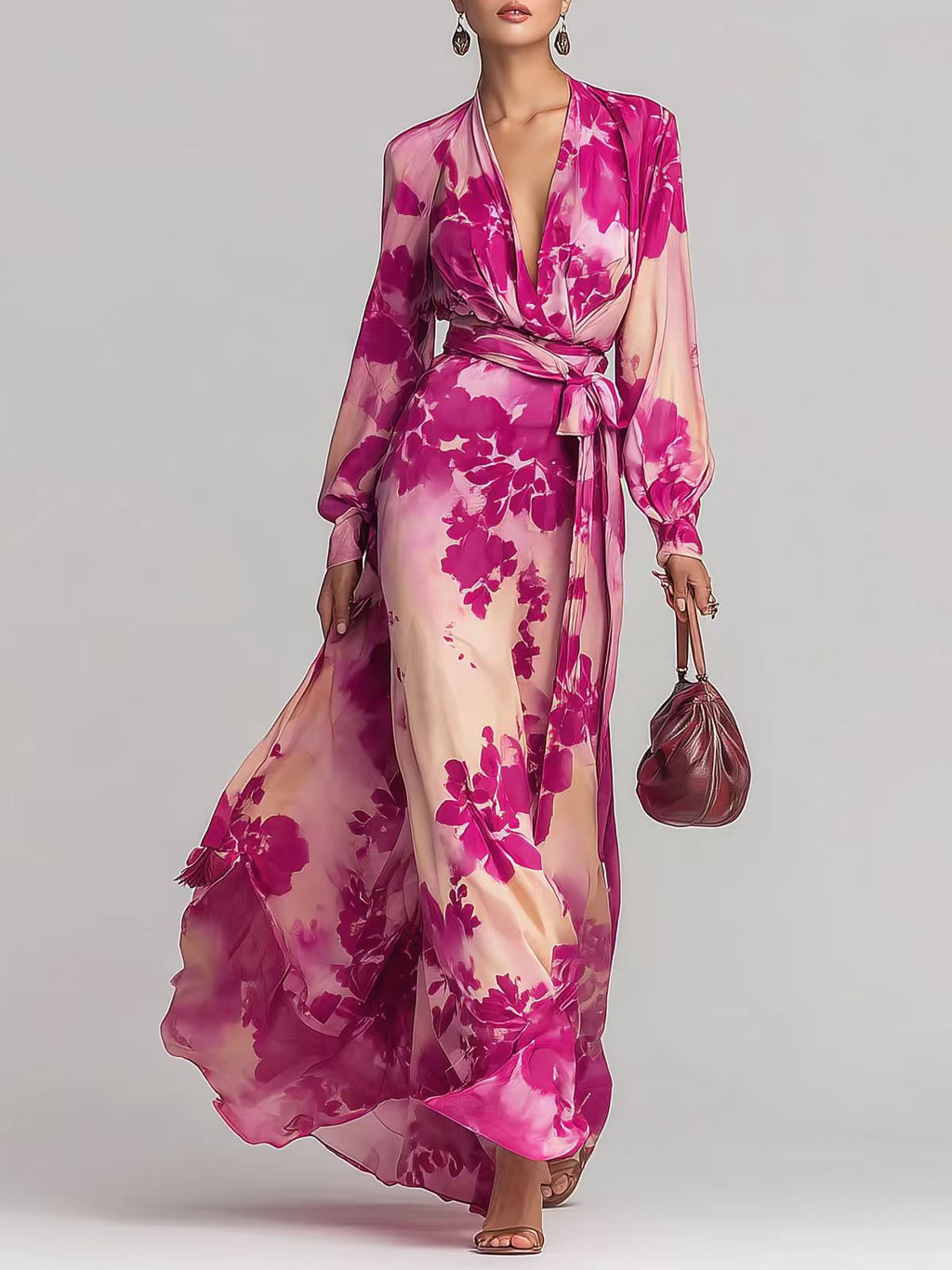 Floral Print Chiffon Tie-Up Maxi Dress - Romantic Fairy Dress