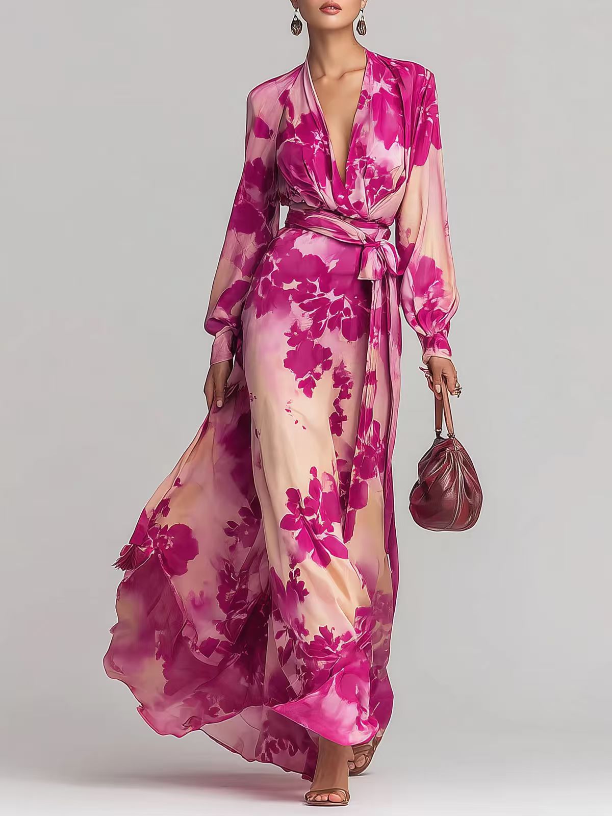 Floral Print Chiffon Tie-Up Maxi Dress - Romantic Fairy Dress