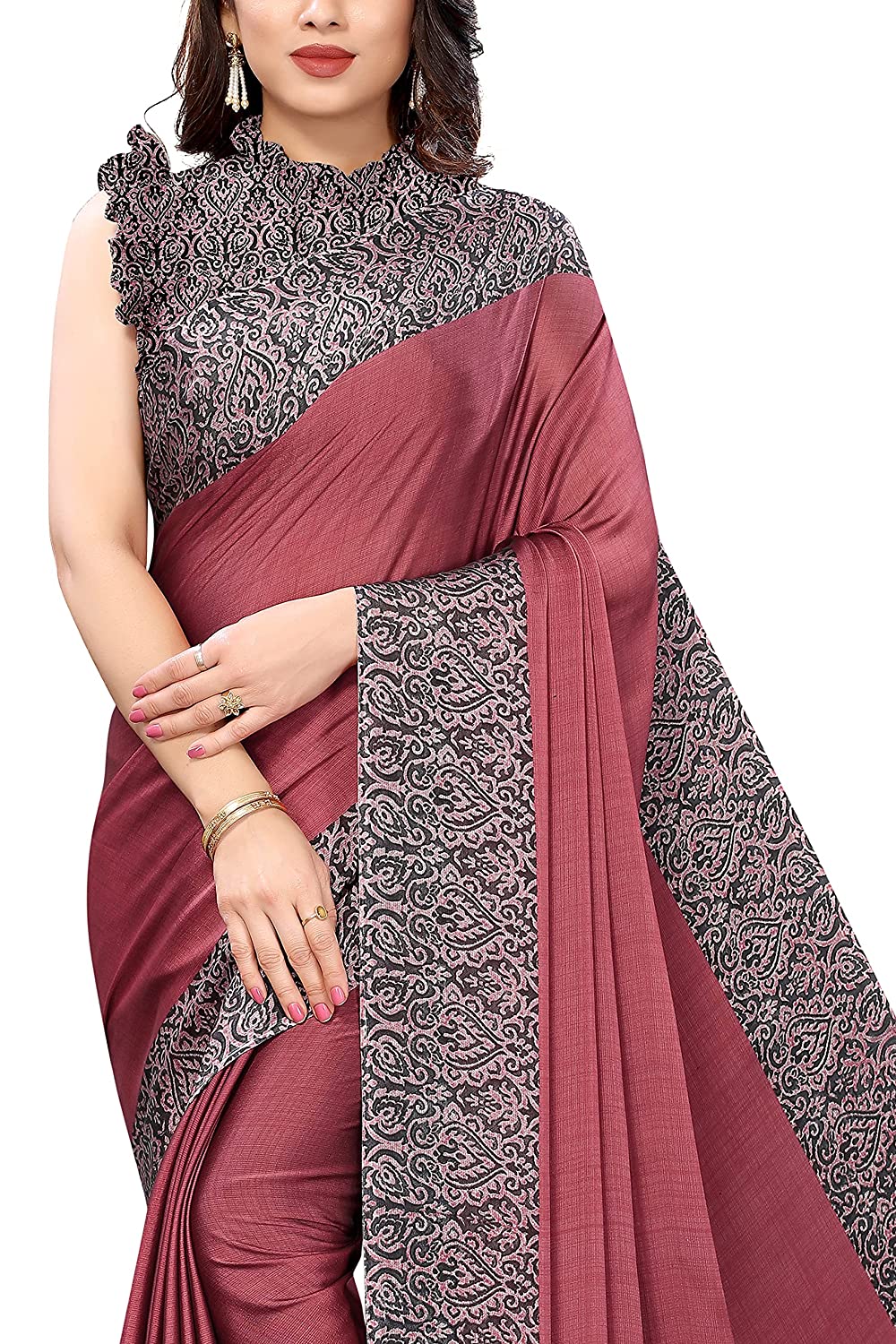 Pink & Black Printed Chiffon Saree with Kalamkari Design